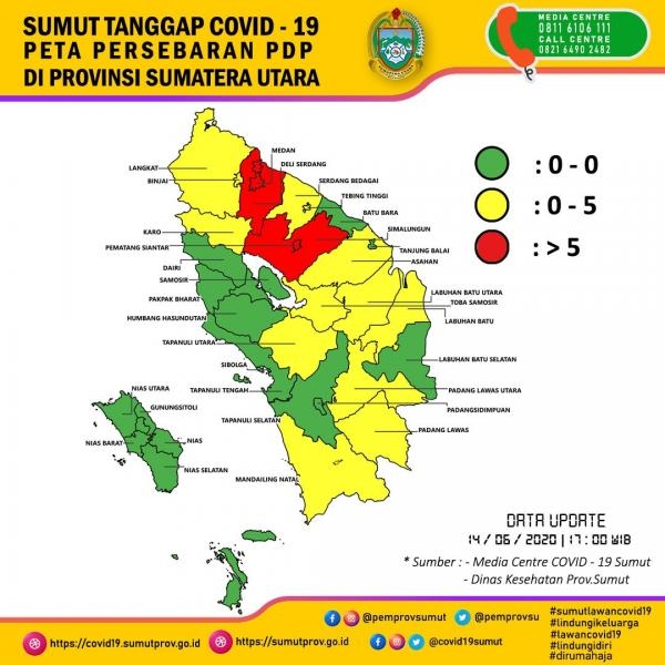 Peta Persebaran PDP di Provinsi Sumatera Utara 14 Juni 2020 